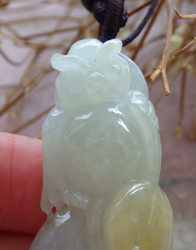 Certified Hand Carved Natural Myanmar Burma A Jade jadeite Owl Coin Pendant Necklace
