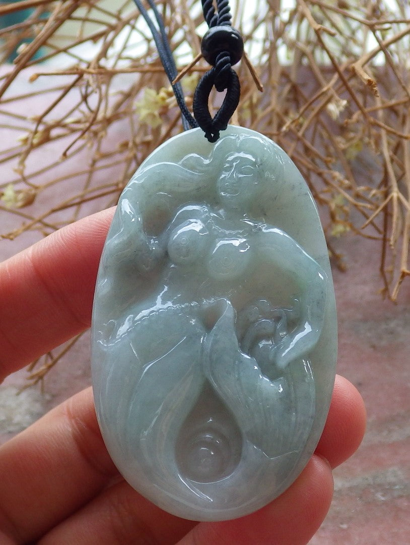 Certified Hand Carved Green Natural Myanmar Burma Grade A Jade jadeite Mermaid Fish Pendant Necklace
