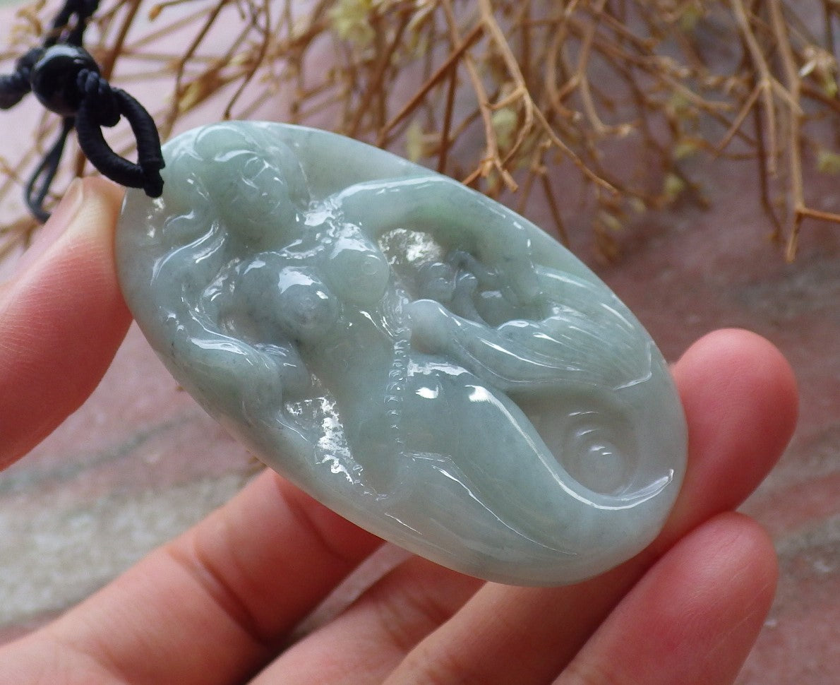 Certified Hand Carved Green Natural Myanmar Burma Grade A Jade jadeite Mermaid Fish Pendant Necklace