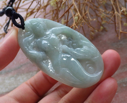 Certified Hand Carved Green Natural Myanmar Burma Grade A Jade jadeite Mermaid Fish Pendant Necklace