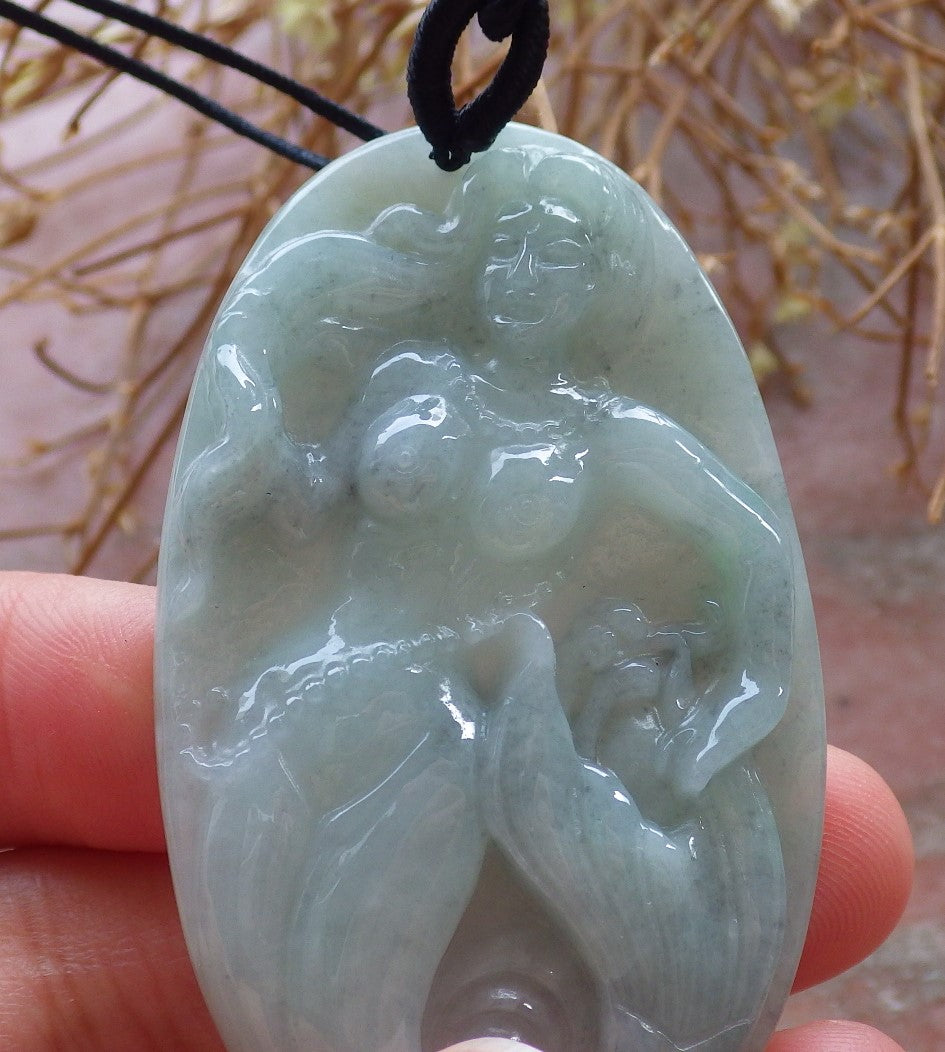 Certified Hand Carved Green Natural Myanmar Burma Grade A Jade jadeite Mermaid Fish Pendant Necklace
