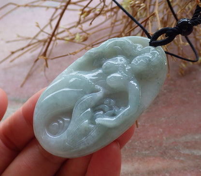 Certified Hand Carved Green Natural Myanmar Burma Grade A Jade jadeite Mermaid Fish Pendant Necklace