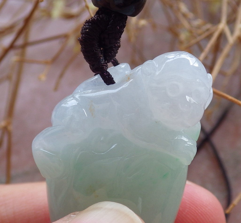 Certified Hand Carved Natural Myanmar Burma A Jade jadeite Monkey Peach Ruyi Pendant Necklace