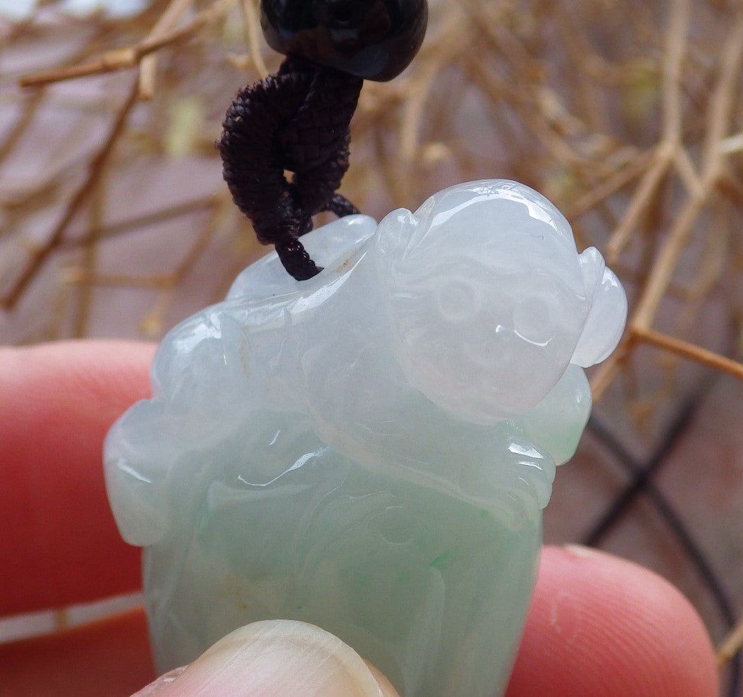 Certified Hand Carved Natural Myanmar Burma A Jade jadeite Monkey Peach Ruyi Pendant Necklace