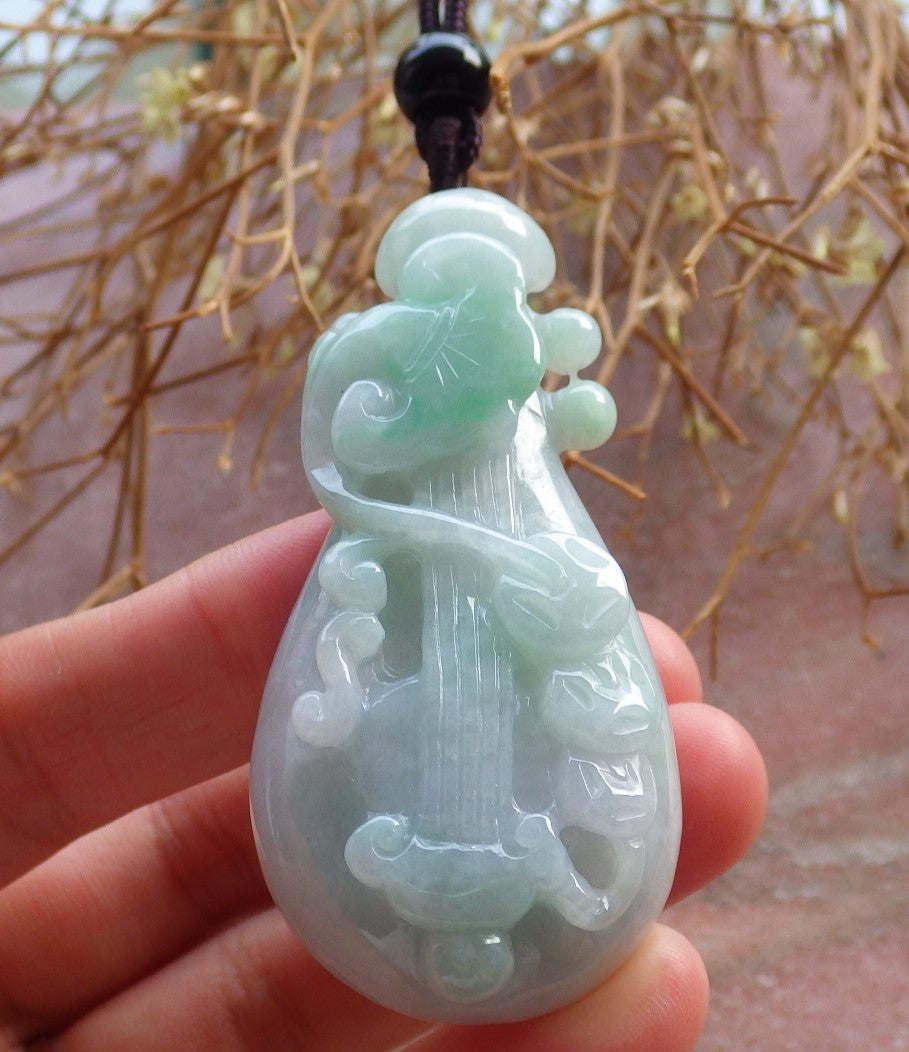 Certified Hand Carved Natural Lavender Burma A Jade jadeite Flower Lotus Guitar Pendant Necklace