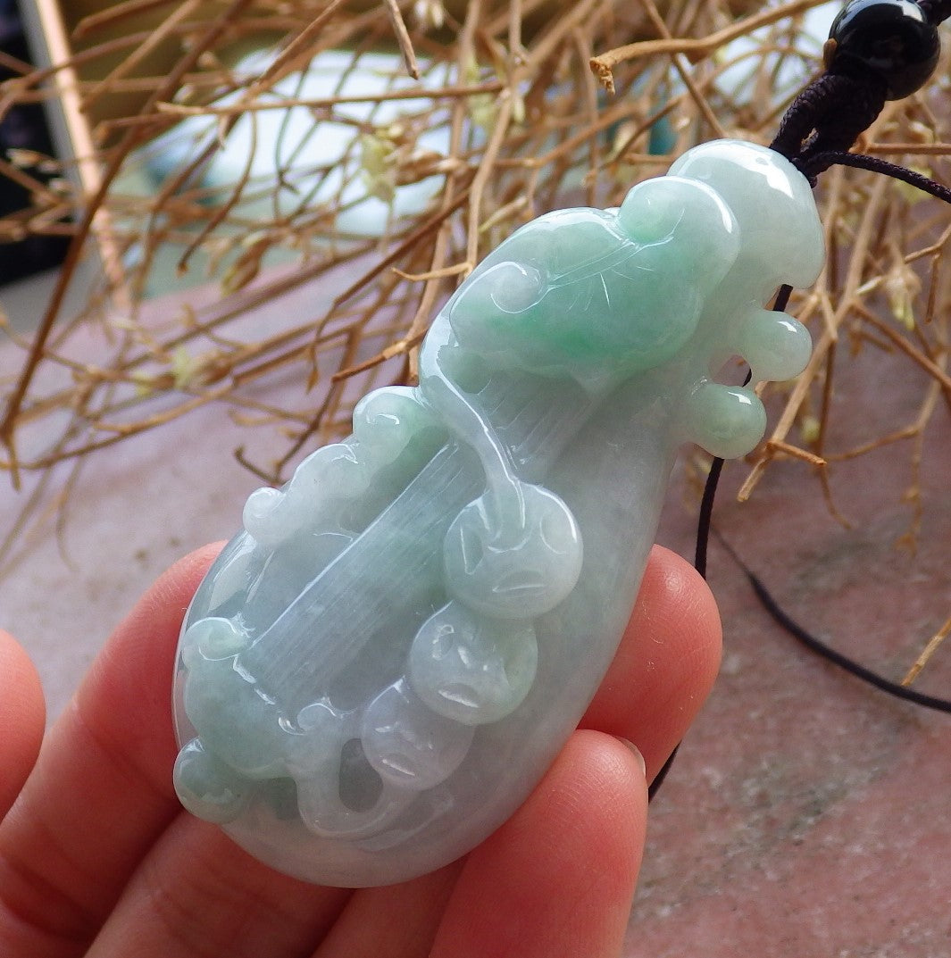 Certified Hand Carved Natural Lavender Burma A Jade jadeite Flower Lotus Guitar Pendant Necklace