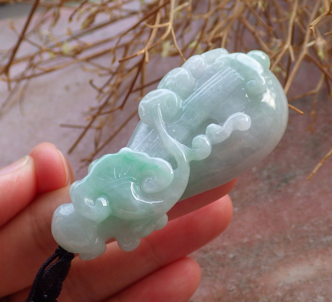 Certified Hand Carved Natural Lavender Burma A Jade jadeite Flower Lotus Guitar Pendant Necklace