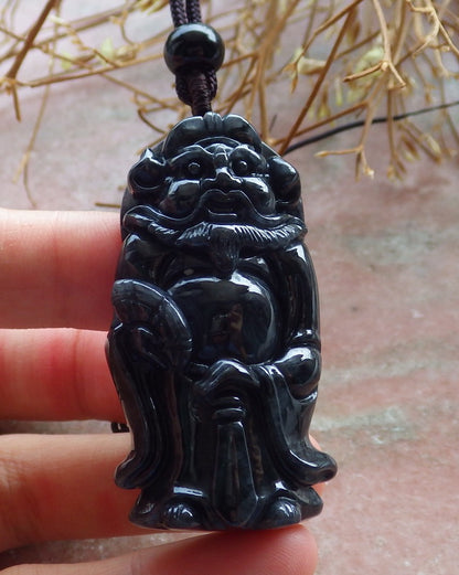 Certified Hand Carved Black Dark Green Natural Burma A Jade jadeite Zhong Kui God Bat Fan Pendant Necklace