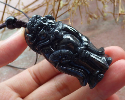 Certified Hand Carved Black Dark Green Natural Burma A Jade jadeite Zhong Kui God Bat Fan Pendant Necklace