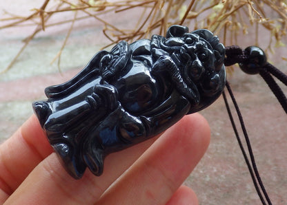 Certified Hand Carved Black Dark Green Natural Burma A Jade jadeite Zhong Kui God Bat Fan Pendant Necklace