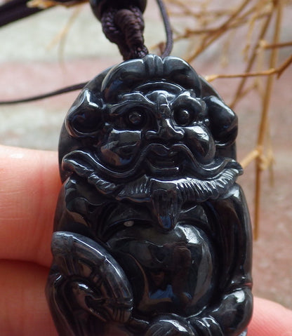 Certified Hand Carved Black Dark Green Natural Burma A Jade jadeite Zhong Kui God Bat Fan Pendant Necklace