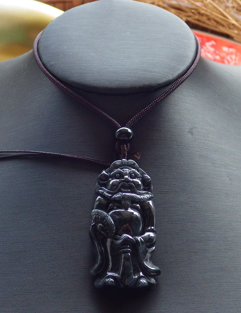 Certified Hand Carved Black Dark Green Natural Burma A Jade jadeite Zhong Kui God Bat Fan Pendant Necklace