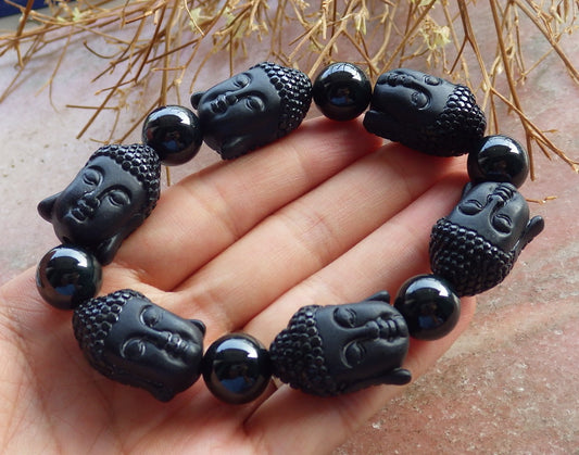 Certified Hand Carved Natural Black Myanmar Burma A JADE Jadeite Sakyamuni Bead Beads Bangle Bracelet