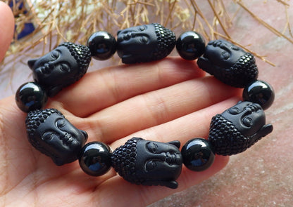 Certified Hand Carved Natural Black Myanmar Burma A JADE Jadeite Sakyamuni Bead Beads Bangle Bracelet