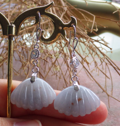 Certified Sterling Silver 925 100% Green Natural Myanmar Burma Hand Carved A Jade Jadeite Sea Shell Dangle Earring Earrings