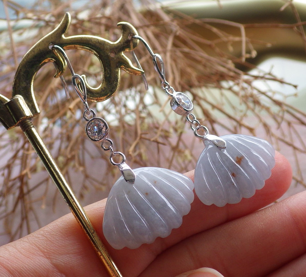 Certified Sterling Silver 925 100% Green Natural Myanmar Burma Hand Carved A Jade Jadeite Sea Shell Dangle Earring Earrings