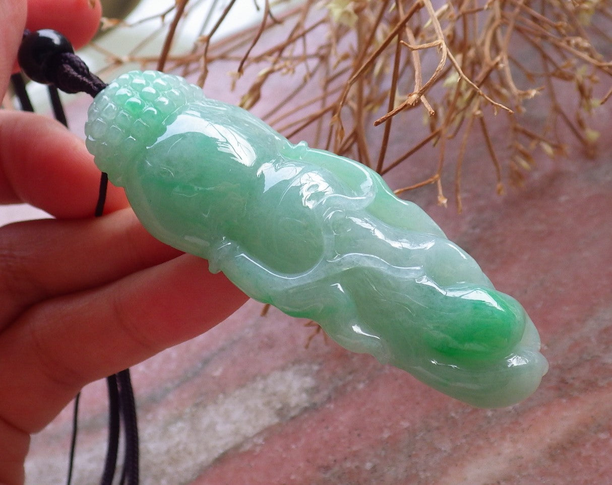Certified Hand Carved Natural Myanmar Burma A Jade jadeite Ginseng Pendant Necklace
