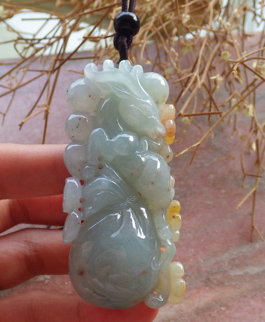 Certified Hand Carved Icy Green Yellow Myanmar Burma 100% Natural A Jade jadeite Deer Flower Pendant Necklace