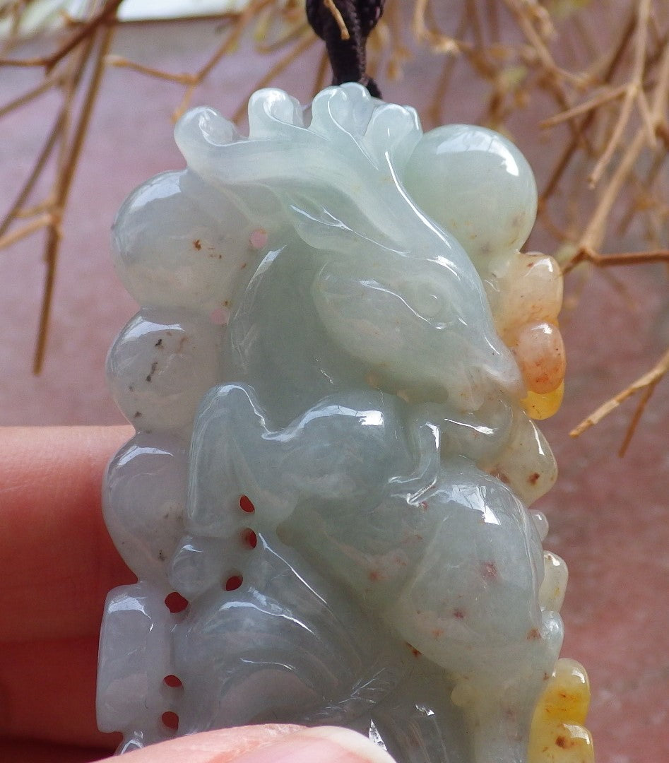 Certified Hand Carved Icy Green Yellow Myanmar Burma 100% Natural A Jade jadeite Deer Flower Pendant Necklace