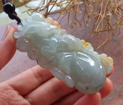 Certified Hand Carved Icy Green Yellow Myanmar Burma 100% Natural A Jade jadeite Deer Flower Pendant Necklace