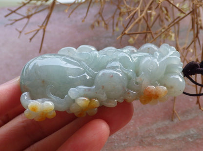 Certified Hand Carved Icy Green Yellow Myanmar Burma 100% Natural A Jade jadeite Deer Flower Pendant Necklace