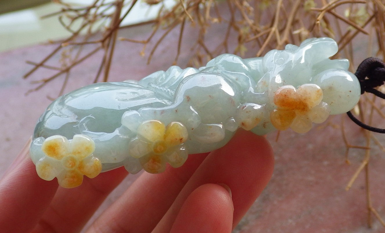 Certified Hand Carved Icy Green Yellow Myanmar Burma 100% Natural A Jade jadeite Deer Flower Pendant Necklace