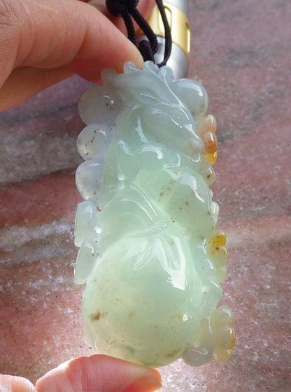 Certified Hand Carved Icy Green Yellow Myanmar Burma 100% Natural A Jade jadeite Deer Flower Pendant Necklace