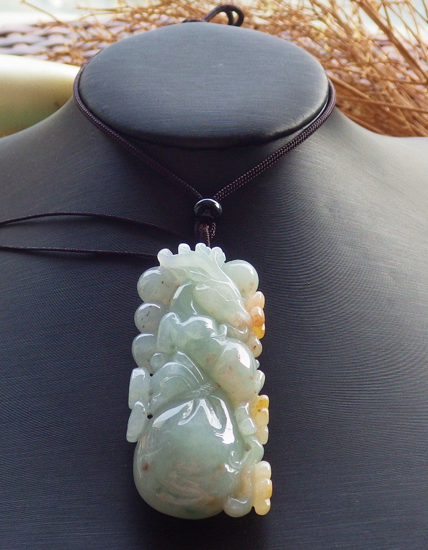 Certified Hand Carved Icy Green Yellow Myanmar Burma 100% Natural A Jade jadeite Deer Flower Pendant Necklace