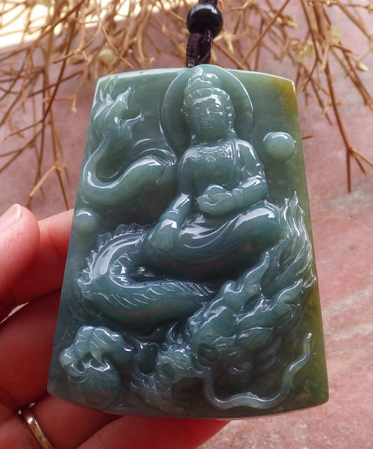 Certified Hand Carved Green Yellow Myanmar Burma Natural A Jade jadeite Dragon Bead Guanyin Kwan Yin Pendant Necklace