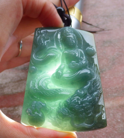 Certified Hand Carved Green Yellow Myanmar Burma Natural A Jade jadeite Dragon Bead Guanyin Kwan Yin Pendant Necklace