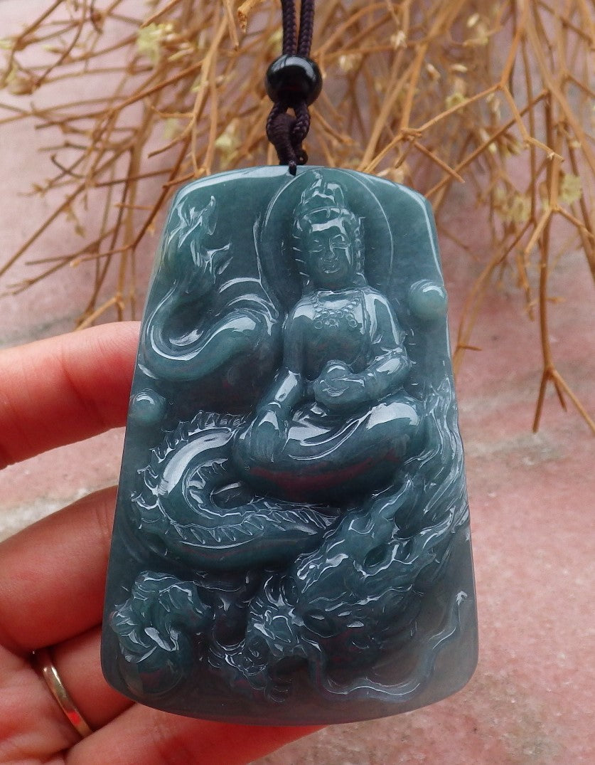 Certified Hand Carved Green Natural Myanmar Burma A Jade Jadeite Guanyin Kwan yin Dragon Pendant Necklace