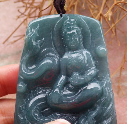 Certified Hand Carved Green Natural Myanmar Burma A Jade Jadeite Guanyin Kwan yin Dragon Pendant Necklace