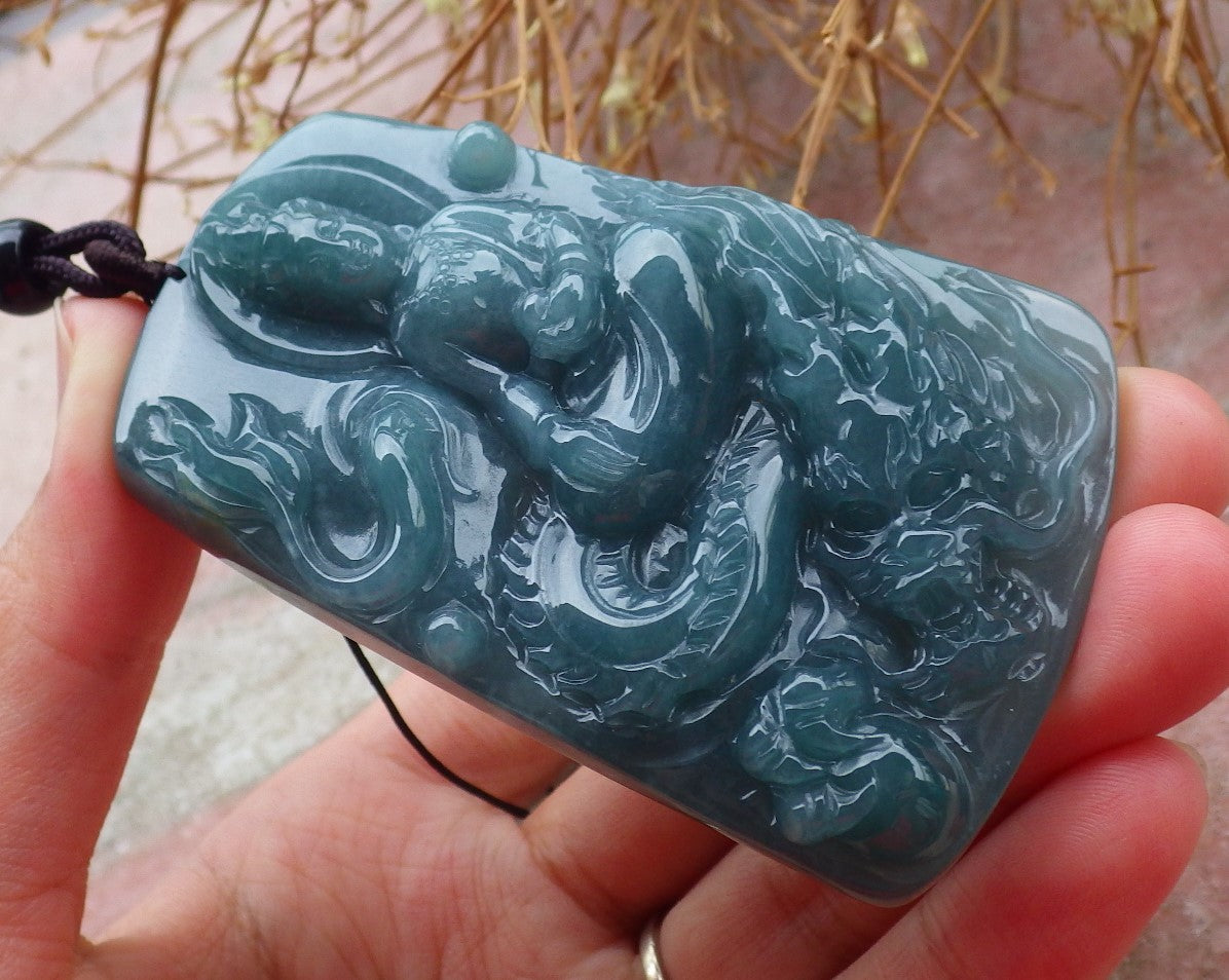 Certified Hand Carved Green Natural Myanmar Burma A Jade Jadeite Guanyin Kwan yin Dragon Pendant Necklace