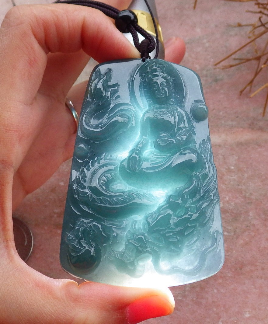 Certified Hand Carved Green Natural Myanmar Burma A Jade Jadeite Guanyin Kwan yin Dragon Pendant Necklace