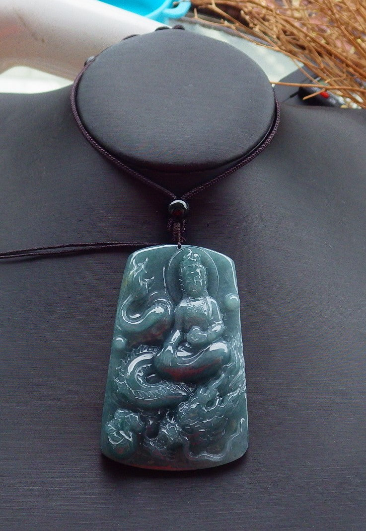 Certified Hand Carved Green Natural Myanmar Burma A Jade Jadeite Guanyin Kwan yin Dragon Pendant Necklace