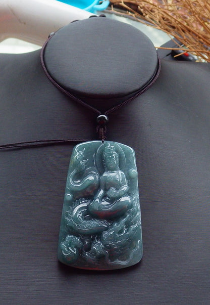 Certified Hand Carved Green Natural Myanmar Burma A Jade Jadeite Guanyin Kwan yin Dragon Pendant Necklace