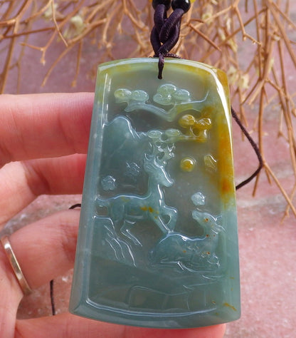Certified Hand Carved Natural Myanmar Burma Grade A Jade jadeite Deer Tree Pendant Necklace