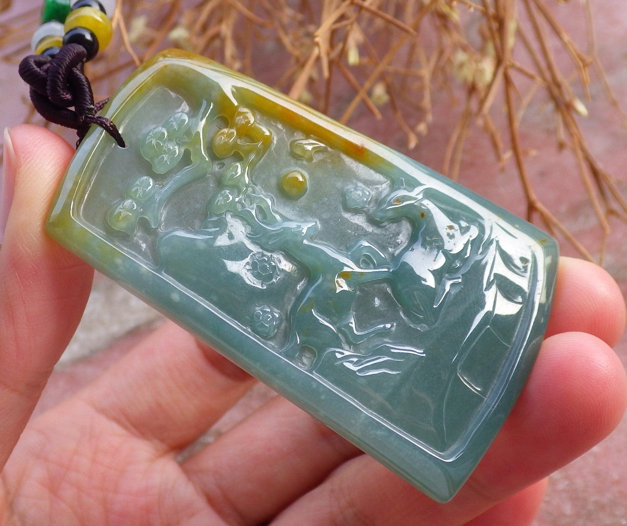 Certified Hand Carved Natural Myanmar Burma Grade A Jade jadeite Deer Tree Pendant Necklace