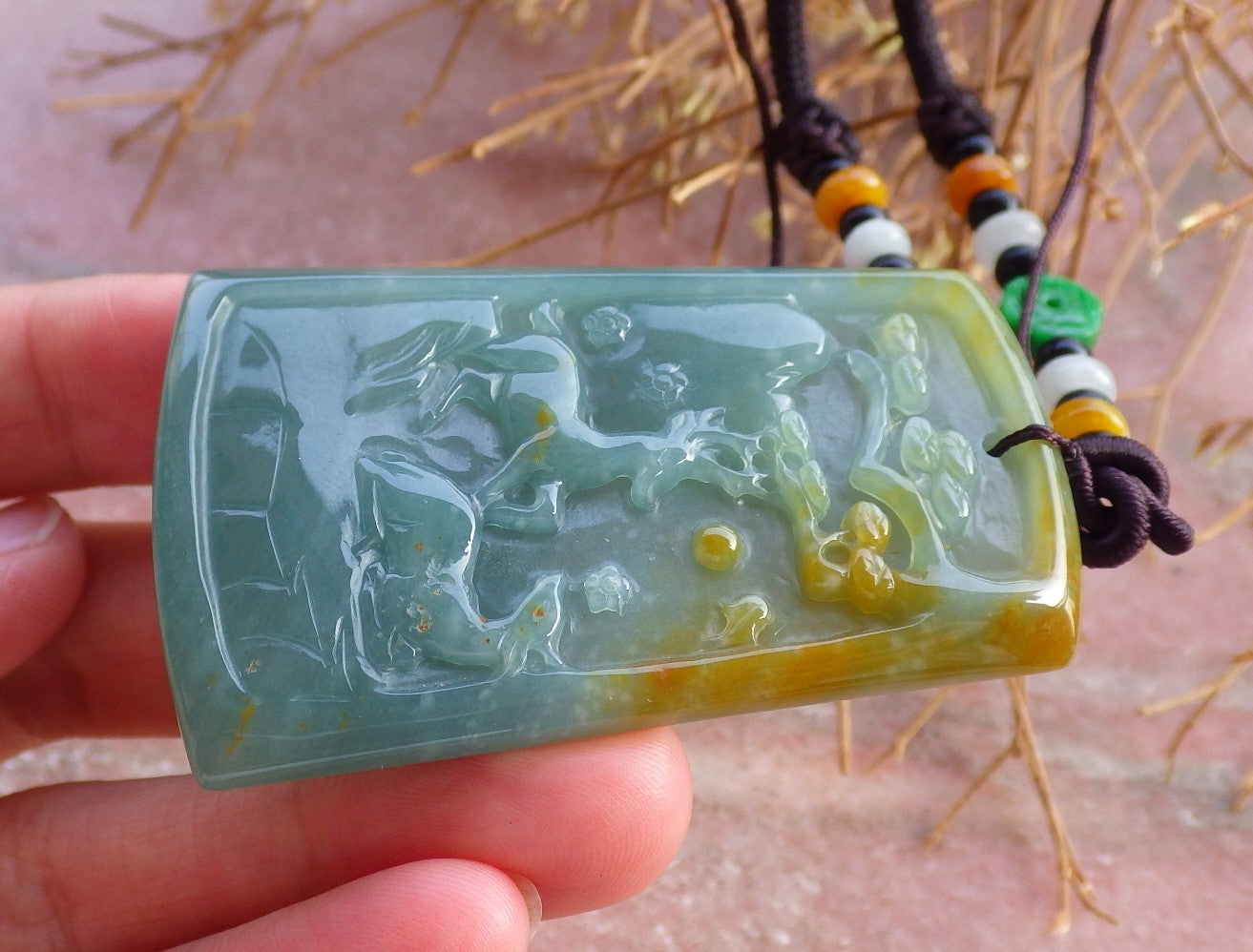 Certified Hand Carved Natural Myanmar Burma Grade A Jade jadeite Deer Tree Pendant Necklace