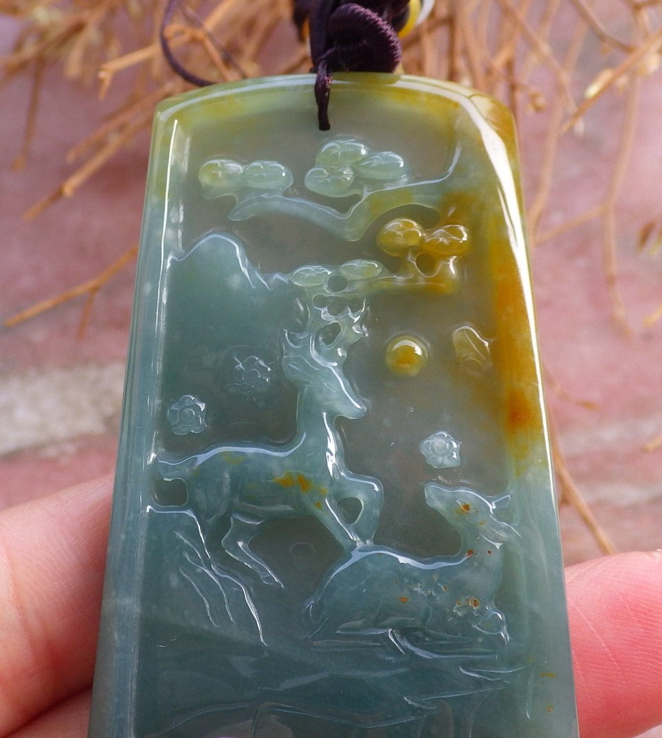 Certified Hand Carved Natural Myanmar Burma Grade A Jade jadeite Deer Tree Pendant Necklace