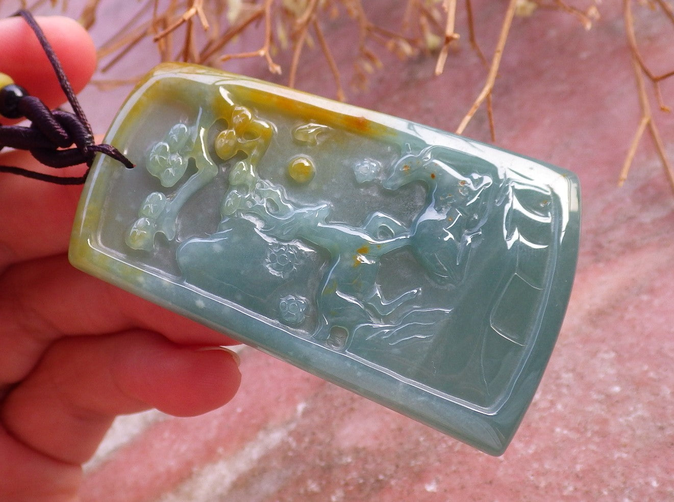 Certified Hand Carved Natural Myanmar Burma Grade A Jade jadeite Deer Tree Pendant Necklace