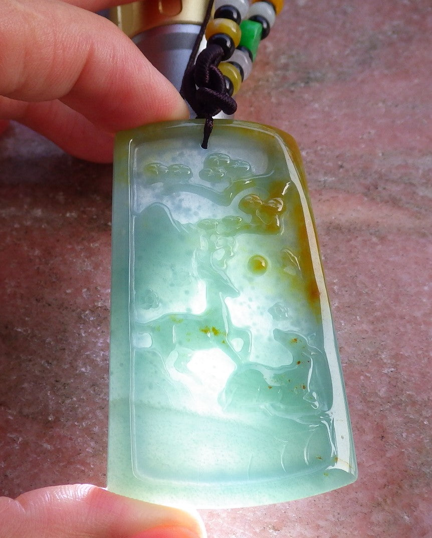 Certified Hand Carved Natural Myanmar Burma Grade A Jade jadeite Deer Tree Pendant Necklace