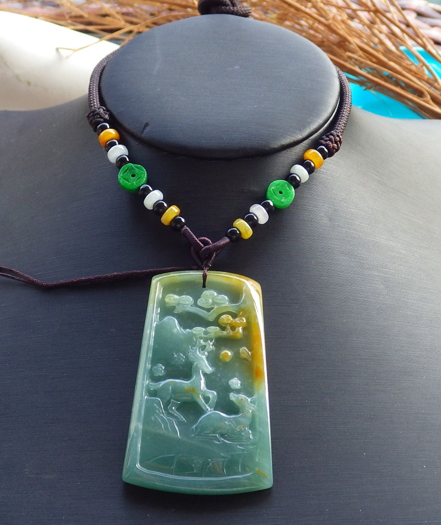 Certified Hand Carved Natural Myanmar Burma Grade A Jade jadeite Deer Tree Pendant Necklace