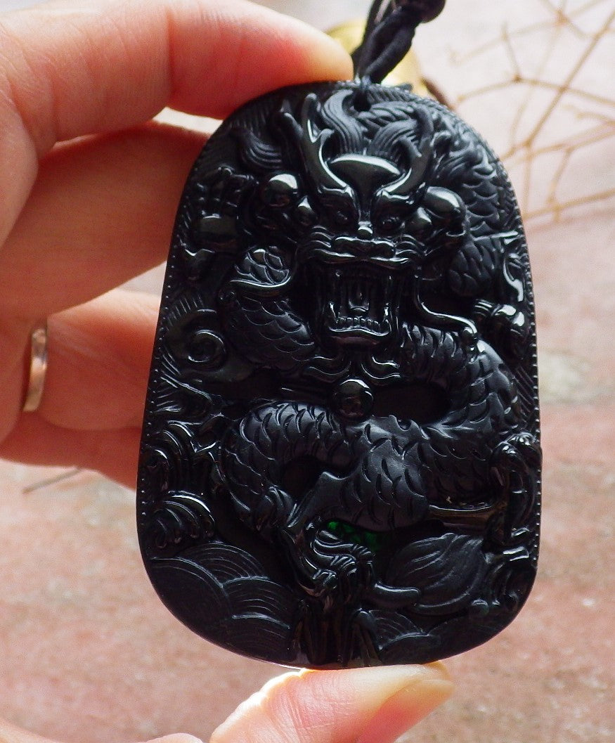 Certified Hand Carved Dark Green Black Natural Myanmar Burma A Jade Jadeite Dragon Bead Beads Pendant Necklace