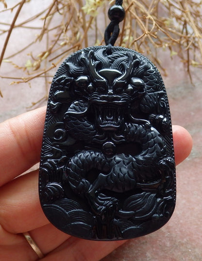 Certified Hand Carved Dark Green Black Natural Myanmar Burma A Jade Jadeite Dragon Bead Beads Pendant Necklace