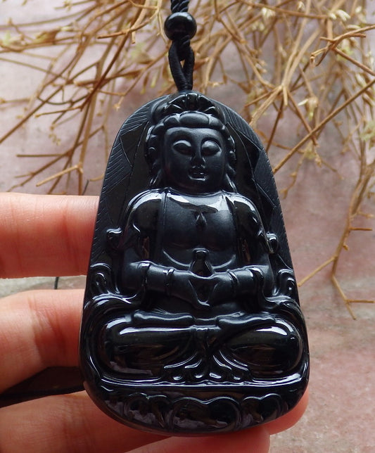 Certified Hand Carved Dark Green Black Natural Myanmar Burma A Jade Jadeite Guanyin Kwan yin Pendant Necklace