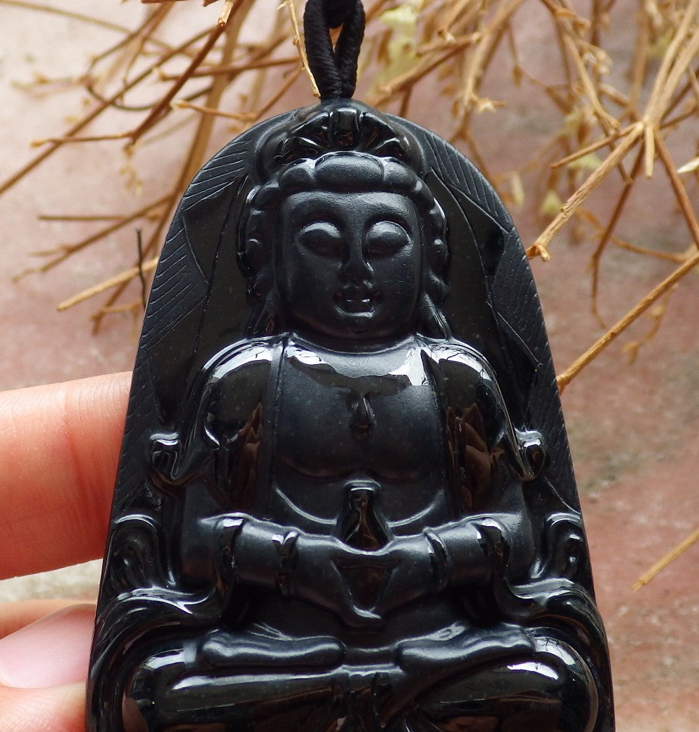 Certified Hand Carved Dark Green Black Natural Myanmar Burma A Jade Jadeite Guanyin Kwan yin Pendant Necklace