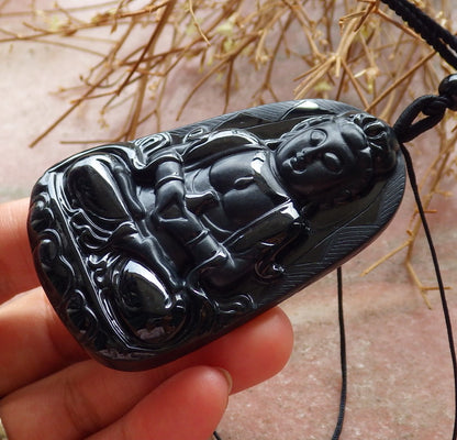 Certified Hand Carved Dark Green Black Natural Myanmar Burma A Jade Jadeite Guanyin Kwan yin Pendant Necklace