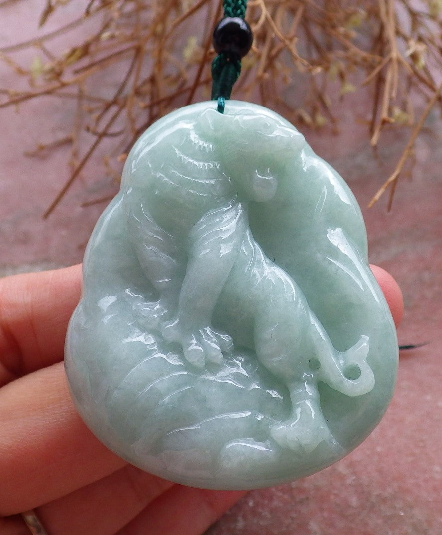 Certified Hand Carved Green Natural Myanmar Burma A Jade Jadeite Zodiac Tiger Pendant Necklace