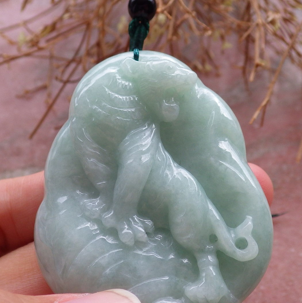 Certified Hand Carved Green Natural Myanmar Burma A Jade Jadeite Zodiac Tiger Pendant Necklace